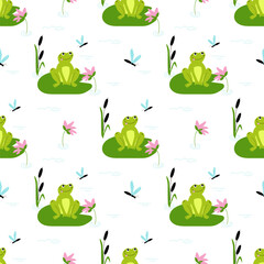 Seamless vector pattern with cute frog and dragonfly, lilies and reeds on the pond. Print for children textile, pack, fabric, wallpaper, wrapping.
