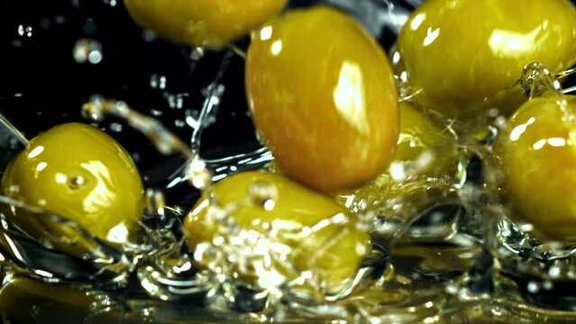 Super slow motion Fresh olives. High quality FullHD footage
