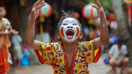 Exuberant Cultural Dance Performance by Joyful Asian Boy in Vibrant Costume - obrazy, fototapety, plakaty