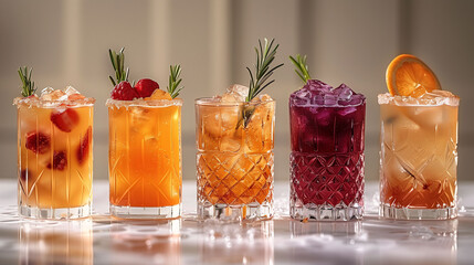 Assorted colorful cocktails in elegant glasses, garnished with fruits and herbs, lined up on a reflective surface with a soft, blurred background. - 781350980