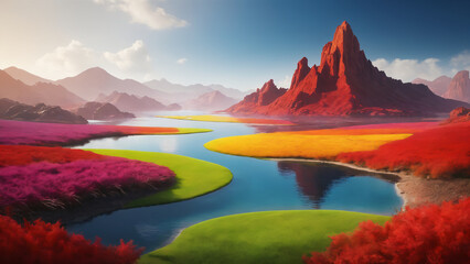 Photorealistic, surreal colorful landscape with barren mountains, river, lake, fields