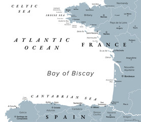 Bay of Biscay, also known as Gulf of Gascony, gray political map. Gulf of the northeast Atlantic Ocean lying south of the Celtic Sea, along the western coast of France and the northern coast of Spain. - 781351324
