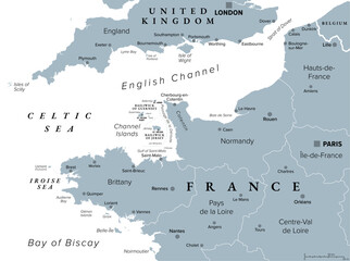 Northern France, gray political map. Coastline of France and United Kingdom along the English Channel, and along Bay of Biscay, with Channel Islands. Coasts of Hauts-de-France, Normandy and Brittany. - 781351334