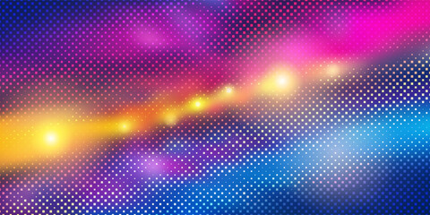 Bright neon rainbow disco bg with halftone raster pattern. Abstract synthwave, rave, or vaporwave club vector background with gradient mesh and overlay pattern. Blurred motion lights and glares.