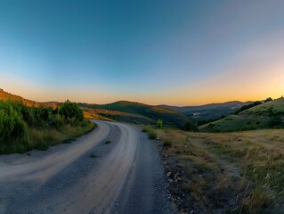 Panoramic landscape,  the road in the middle that runs up and down