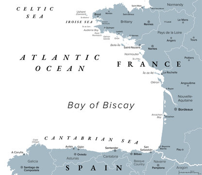 Bay of Biscay, also known as Gulf of Gascony, gray political map. Gulf of the northeast Atlantic Ocean lying south of the Celtic Sea, along the western coast of France and the northern coast of Spain.