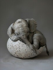 Newborn elephant from egg, plain white, studio portrait, capturing the magic of birth