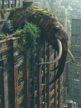 Nature invades urban, walrus with lengthy tusks atop skyscraper, awefilled city portrait