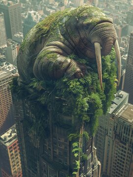 Nature invades urban, walrus with lengthy tusks atop skyscraper, awefilled city portrait