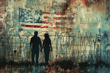 Experience the powerful symbolism of courage and hope as silhouettes of a man and woman breach a border fence, navigating broken barbed wire towards a distant glimpse of the USA flag