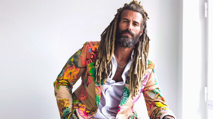 Portrait of male designer with dreadlocks hairstyle in colorful suit