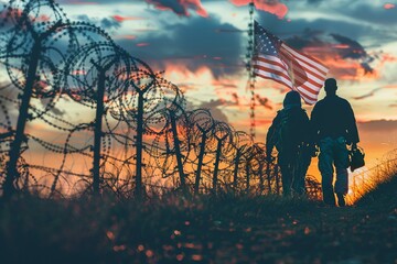Experience the powerful symbolism of courage and hope as silhouettes of a man and woman breach a border fence, navigating broken barbed wire towards a distant glimpse of the USA flag - obrazy, fototapety, plakaty