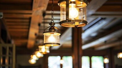 Lamps on row on the wooden ceiling.illuminate is throw the light upon in the reception hall room. - obrazy, fototapety, plakaty