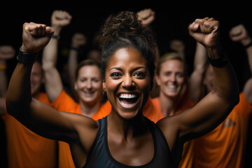 A determined fitness instructor leading a group exercise class, showcasing enthusiasm and energy, the fitness scene captured in high definition against a neutral background.