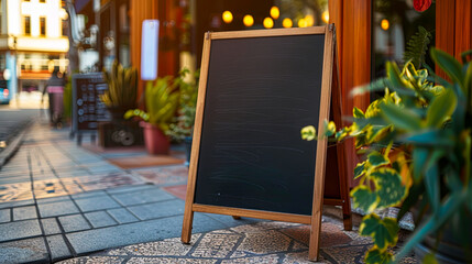 Mockup von leeren schwarze Tafel vor einem Restaurant, Menütafeln in der Nähe des Eingangs zum Cafe auf der Straße. 
