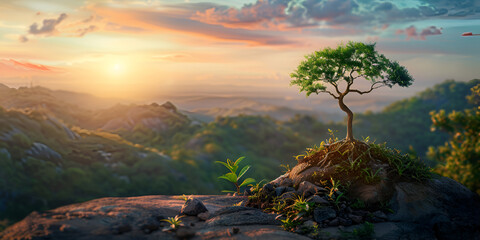 Fototapeta na wymiar Alone tree on the mountain hill cliff in the forest at the sunset or evening time, 
