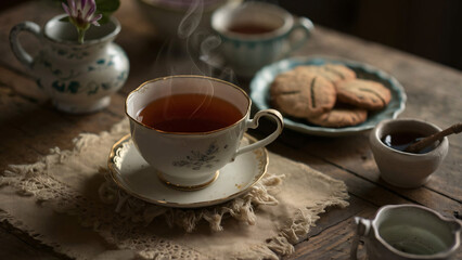 cup of tea with cookies and cinnamon