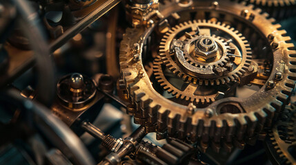 Victorian-era machinery, steampunk style, intricate gears, bronze hue, low-angle shot.