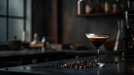Ein Espresso Martini mit Schaum darauf, umgeben von verstreuten Kaffeebohnen auf dem Tisch. Das Getränk befindet sich in einem eleganten Glas und hat eine satte Farbe, die seine Textur widerspiegelt 