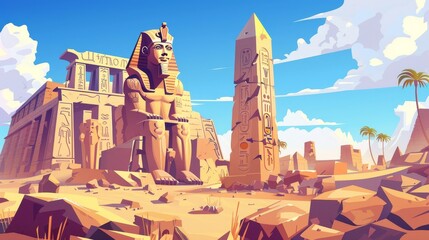 Egyptian temple with a pharaoh statue and an obelisk. Cartoon landscape of the Egyptian desert with famous landmarks.