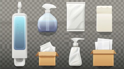 Hand dryers on walls, soap dispensers, paper towel dispensers, and alcohol sanitizer bottles on transparent background with antibacterial liquids. - obrazy, fototapety, plakaty