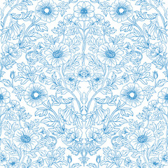 Seamless pattern with flowers with line art style. Vector illustration with flowers. Graphic arts.