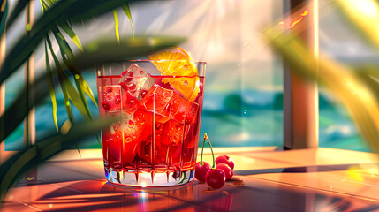 Sour Cherry Negroni Cocktail, umgeben von verstreuten Kirschen auf dem Tisch. Das Getränk befindet sich in einem eleganten Glas und hat eine satte Farbe. - obrazy, fototapety, plakaty