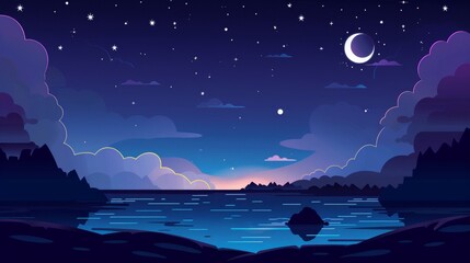 Dark sky with stars, moon, and clouds. Modern illustration showing midnight seascape with coastline, moonlight reflections in water, and silhouette of coastline on horizon.