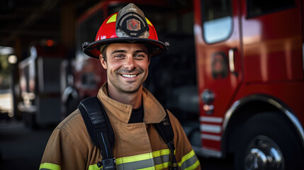 smiling male firefighter in a red uniform and fire helmet against the background of a fire station, cars, extinguishing, professional, specialist, rescuer