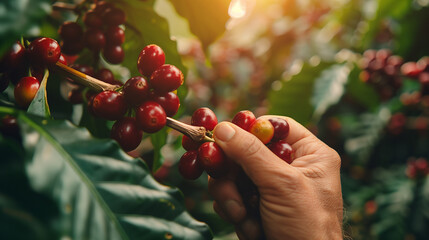 handpicking coffee cherry from the caffee plant