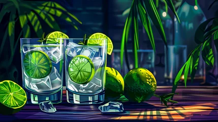 Foto op Aluminium Gin Tonic Cocktail, umgeben von verstreuten Wacholder auf dem Tisch. Das Getränk befindet sich in einem eleganten Glas und hat eine satte Farbe.  © shokokoart