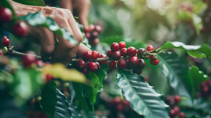 handpicking coffee cherry from the caffee plant