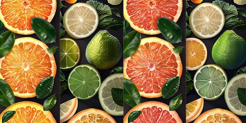 Simple, ripe orange fruits, a mix of whole and sliced, are put together in a seamless pattern over a dark backdrop and space, Generative AI.