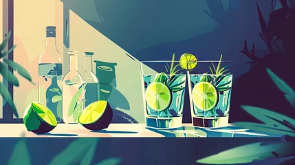 Foto op Aluminium Gin Tonic Cocktail, umgeben von verstreuten Wacholder auf dem Tisch. Das Getränk befindet sich in einem eleganten Glas und hat eine satte Farbe.  © shokokoart
