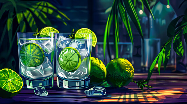 Gin Tonic Cocktail, umgeben von verstreuten Wacholder auf dem Tisch. Das Getränk befindet sich in einem eleganten Glas und hat eine satte Farbe.
