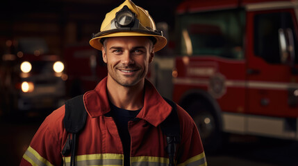 smiling male firefighter in a red uniform and fire helmet against the background of a fire station, cars, extinguishing, professional, specialist, rescuer