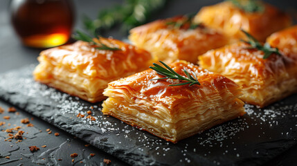 Golden puff pastry with sesame seeds on a black slate, garnished with rosemary.