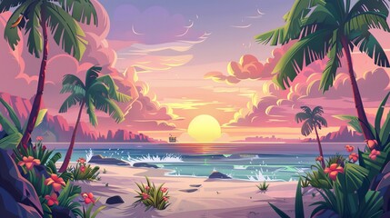 Beach sunset or sunrise with palm trees and beautiful flowers under pink cloudy sky. Evening or morning idyllic paradise, island in the ocean, cartoon modern illustration. - obrazy, fototapety, plakaty