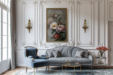 A French style living room in a haussmann buidling style with white panelled walls, grey sofa and blue armchair, wall painting of peonies, gold lighting sconces on the side table
