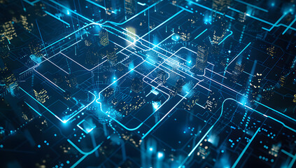 Smart City Blueprint: Digital Map Showcasing Futuristic Urban Connectivity Network Lines