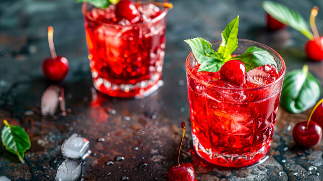 Sour Cherry Negroni Cocktail, umgeben von verstreuten Kirschen auf dem Tisch. Das Getr&auml;nk befindet sich in einem eleganten Glas und hat eine satte Farbe.