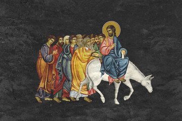 Christian traditional image of Jesus' triumphal entry into Jerusalem. Religious illustration on black stone wall background in Byzantine style - 781354950