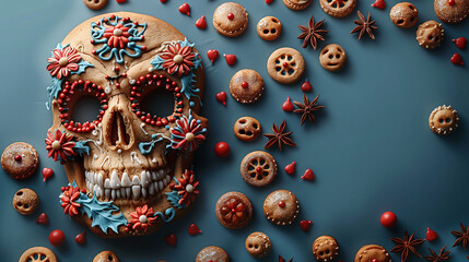 Day of the Dead themed composition with decorated skull and cookies on a blue background.