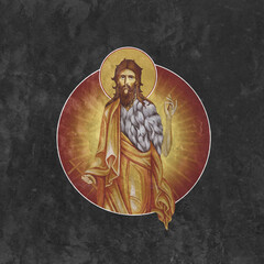 Christian traditional image of the Baptist John. Religious round medallion on black stone wall background in Byzantine style - 781354988