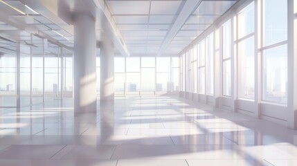 In a 3D modern illustration of a modern city architecture, a vacant office with a lot of windows on the ceiling and floor. Interior details in white color. Visualization of an inner design project. - obrazy, fototapety, plakaty