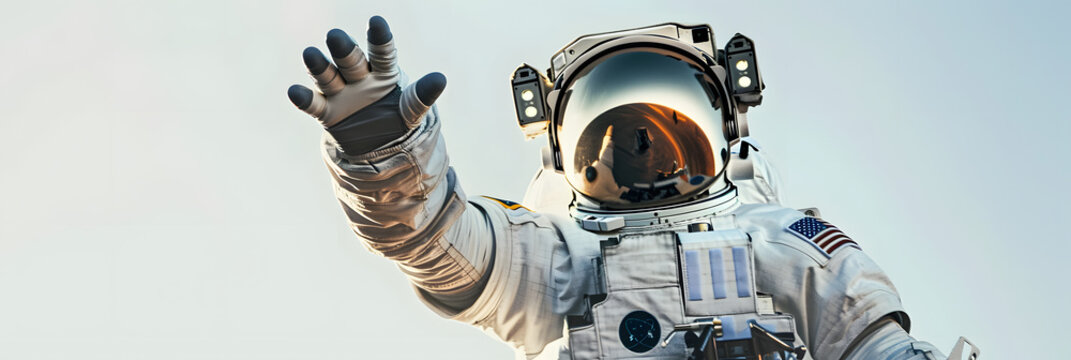 An astronaut reaching out towards the viewer against a clear sky backdrop, symbolizing connection and exploration