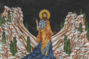 Christian traditional image of John Baptist. Religious illustration on black stone wall background in Byzantine style - 781355388