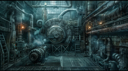 Steam plant brought to life in a hyper-realistic manga and sci-fi style, showcasing industrial might and future tech - obrazy, fototapety, plakaty