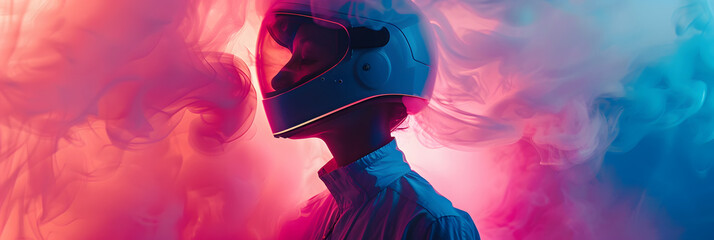 An ethereal silhouette of a helmeted character amidst swirling, neon-hued smoke evokes a feeling of surrealism