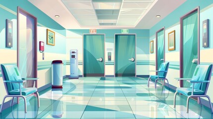 Cartoon illustration of an empty hospital corridor with chairs, doors to the wards, a water cooler, and an elevator in a medical clinic. - obrazy, fototapety, plakaty